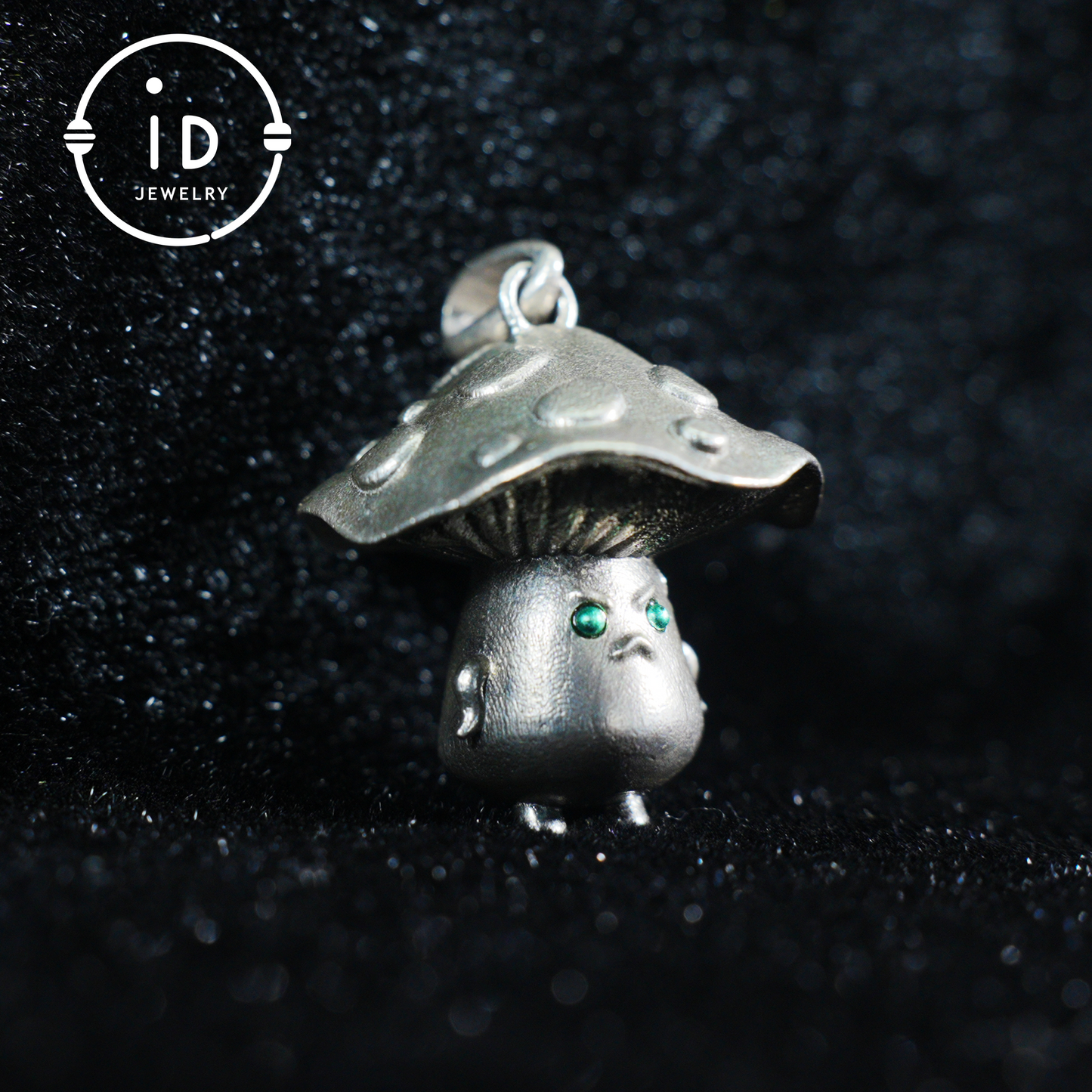 Sterling Silver Mushroom Pendant with Green Gem Eyes – Fantasy Forest Creature Necklace – Cute Emotional Support Jewelry Gift