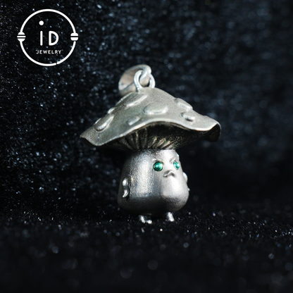Sterling Silver Mushroom Pendant with Green Gem Eyes – Fantasy Forest Creature Necklace – Cute Emotional Support Jewelry Gift