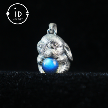 Moon Rabbit Necklace in Sterling Silver – Blue Labradorite Wishing Pendant – Spiritual Animal Totem Jewelry – Cute Bunny Charm for Inner Peace
