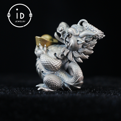 Lucky Oriental Dragon Charm Pendant in Sterling Silver and Brass – Symbol of Gentle Protection and Good Fortune – Handcrafted Feng Shui Amulet