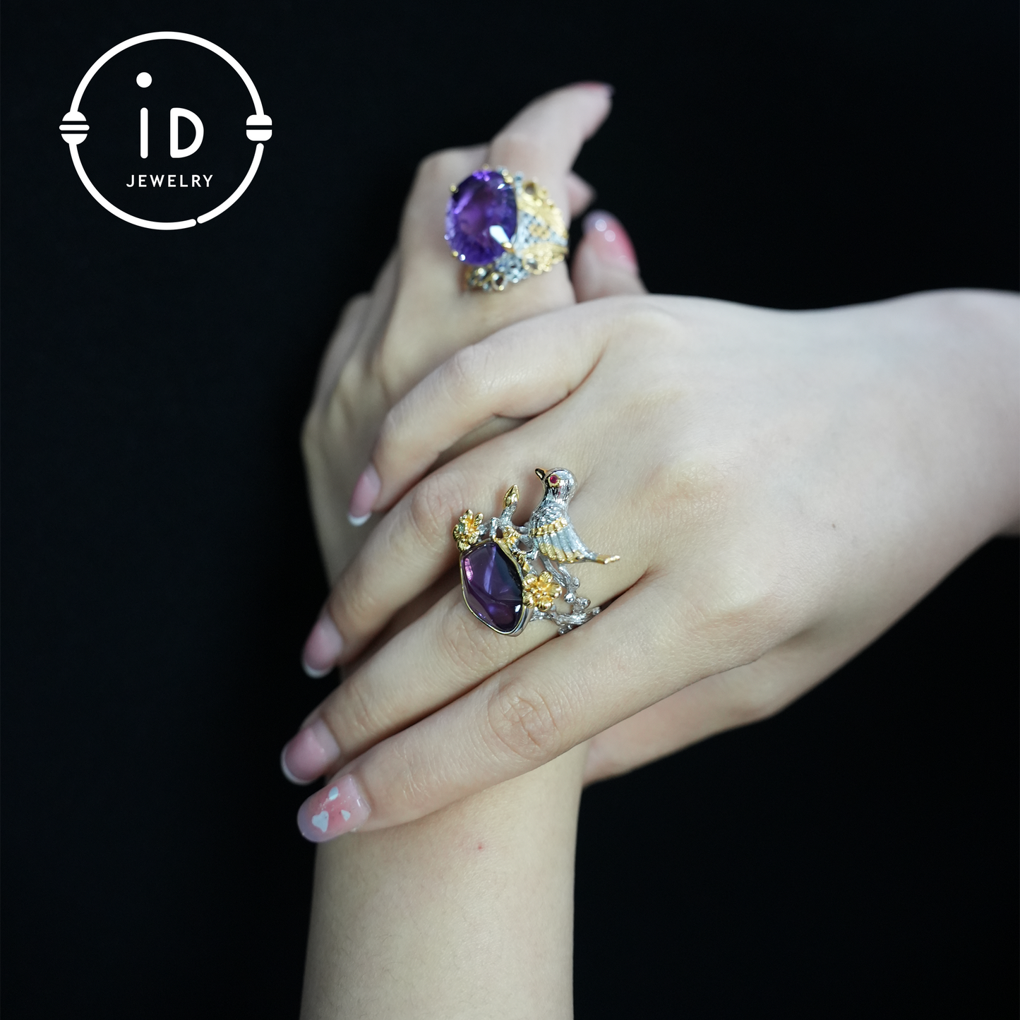 Handmade amethyst bird and flower ring, gold plated design, perfect gift for engagement or anniversary