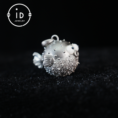Whimsical Pufferfish Pendant in Sterling Silver – Emotional Support Charm – Cute Ocean Totem Necklace – Turquoise & Onyx Eyes – Healing Gift Idea