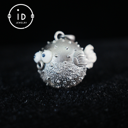 Whimsical Pufferfish Pendant in Sterling Silver – Emotional Support Charm – Cute Ocean Totem Necklace – Turquoise & Onyx Eyes – Healing Gift Idea