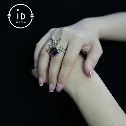 Handmade amethyst bird and flower ring, gold plated design, perfect gift for engagement or anniversary
