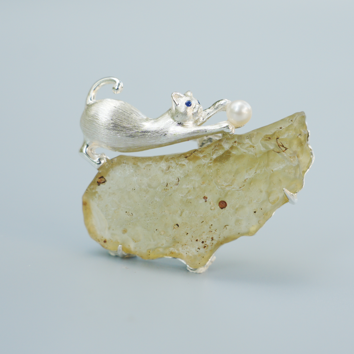 Libyan Desert Glass Cat Pendant Brooch | 925 Silver Fairy Jewelry Gift for Her