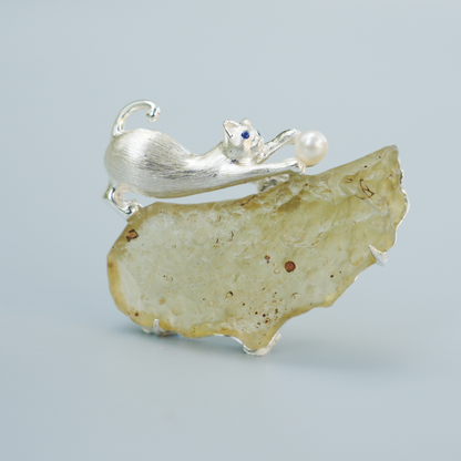 Libyan Desert Glass Cat Pendant Brooch | 925 Silver Fairy Jewelry Gift for Her