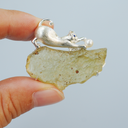Libyan Desert Glass Cat Pendant Brooch | 925 Silver Fairy Jewelry Gift for Her