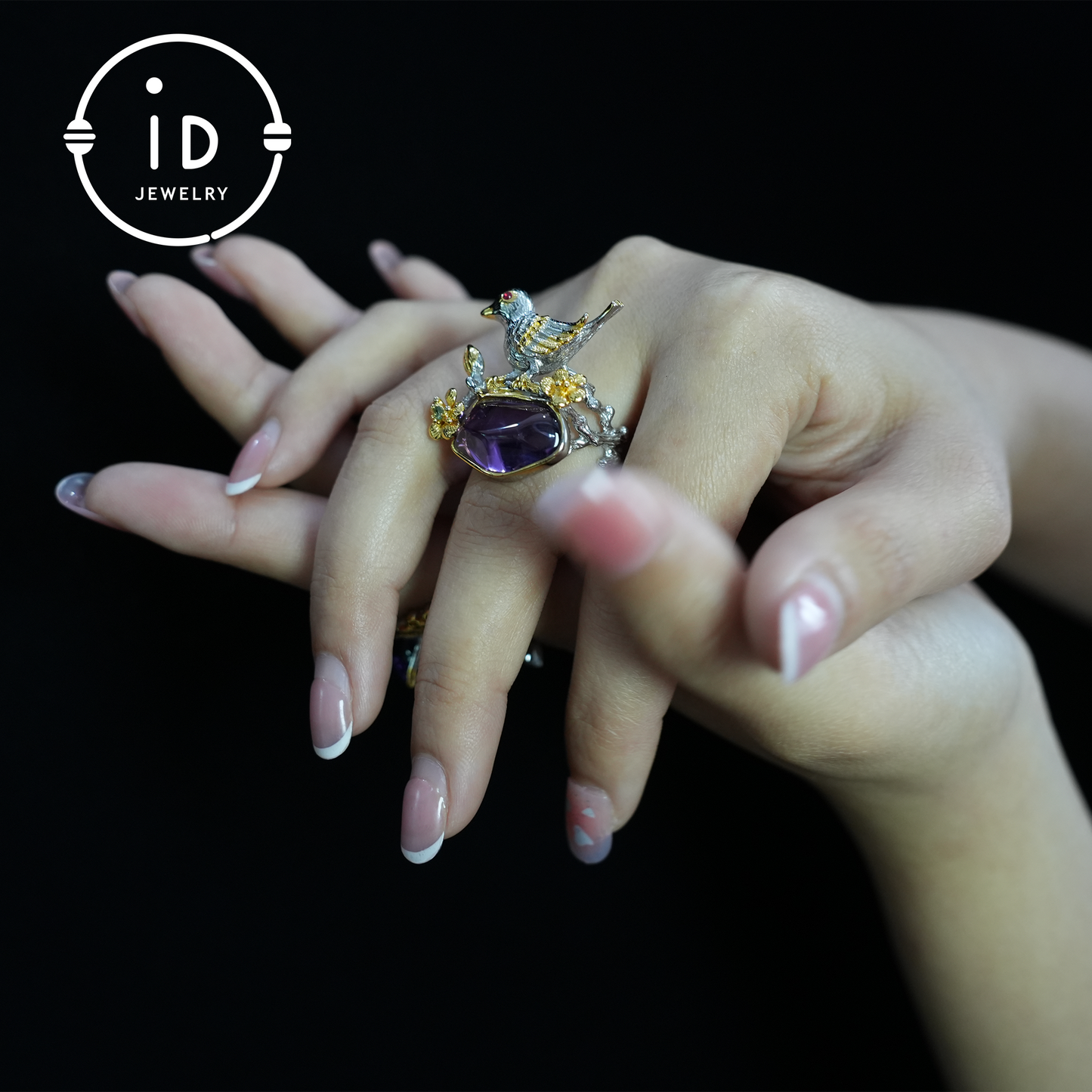 Handmade amethyst bird and flower ring, gold plated design, perfect gift for engagement or anniversary