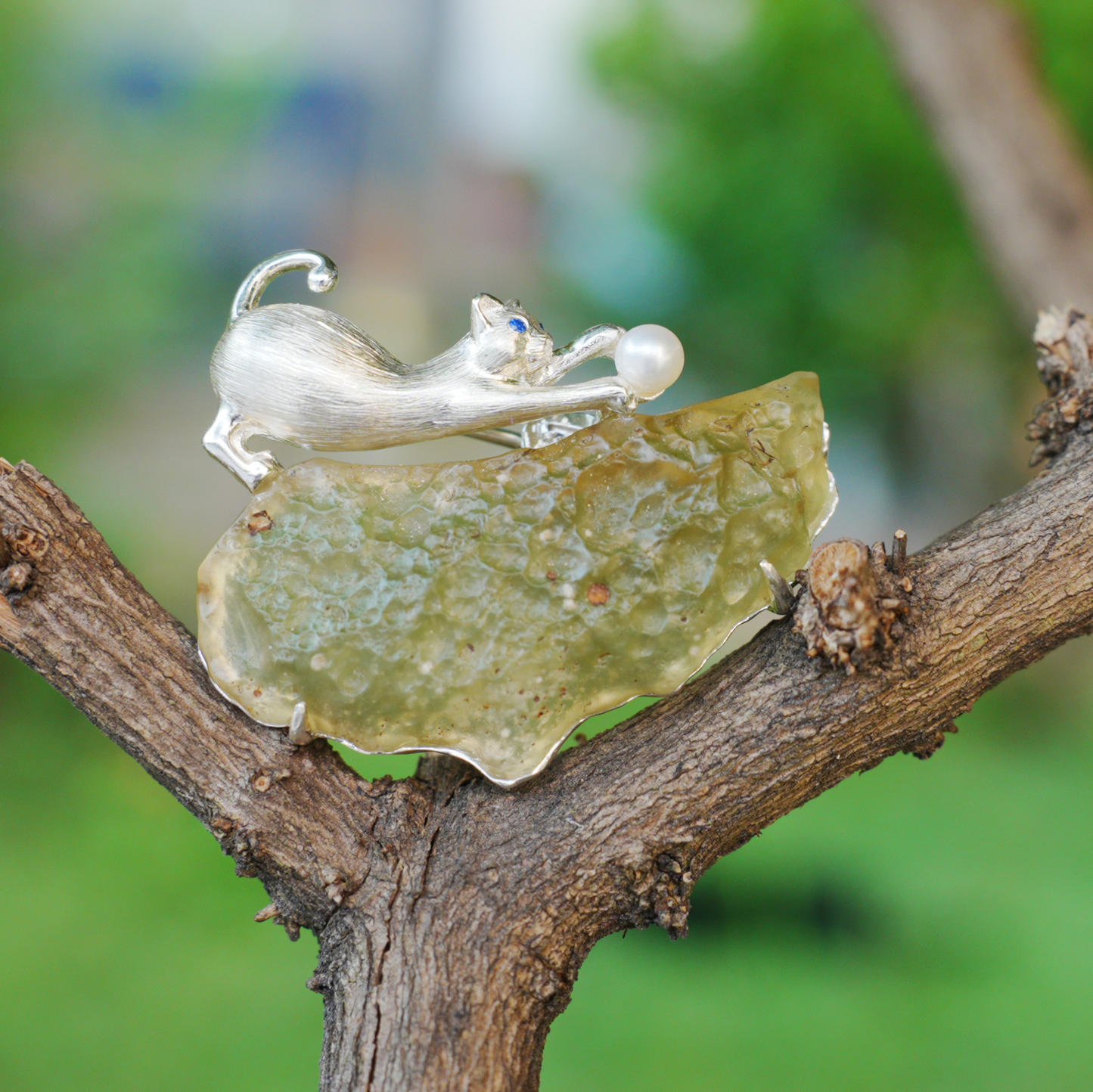 Libyan Desert Glass Cat Pendant Brooch | 925 Silver Fairy Jewelry Gift for Her