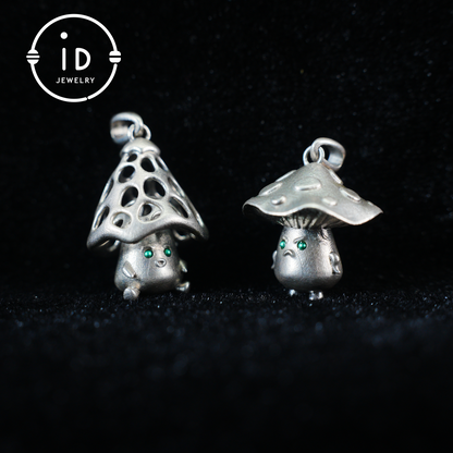 Sterling Silver Mushroom Spirit Pendant – Forest Guardian Necklace with Green Zircon Eyes – Fairycore Jewelry Gift for Sensitive Souls