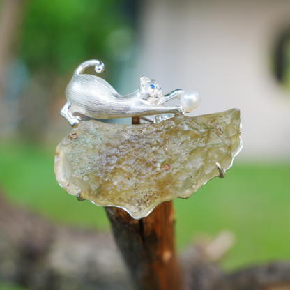 Libyan Desert Glass Cat Pendant Brooch | 925 Silver Fairy Jewelry Gift for Her