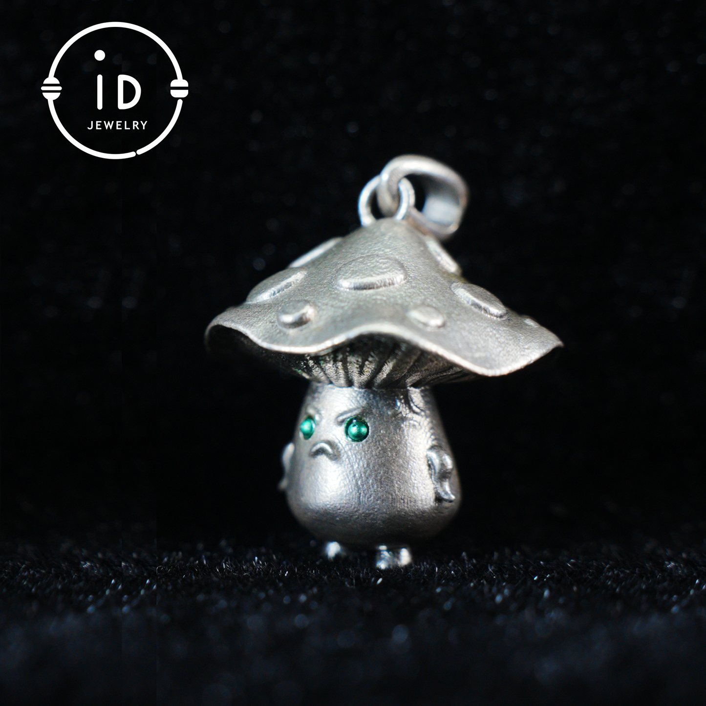 Sterling Silver Mushroom Pendant with Green Gem Eyes – Fantasy Forest Creature Necklace – Cute Emotional Support Jewelry Gift