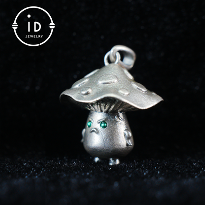Sterling Silver Mushroom Pendant with Green Gem Eyes – Fantasy Forest Creature Necklace – Cute Emotional Support Jewelry Gift
