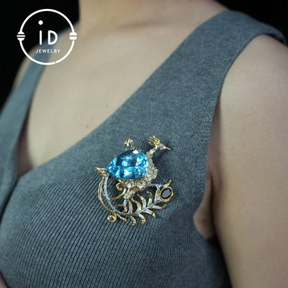 Handmade Peacock Brooch Pendant | Natural Topaz Jewelry | Luxurious Animal Design | Gold-Plated Vintage Pendant