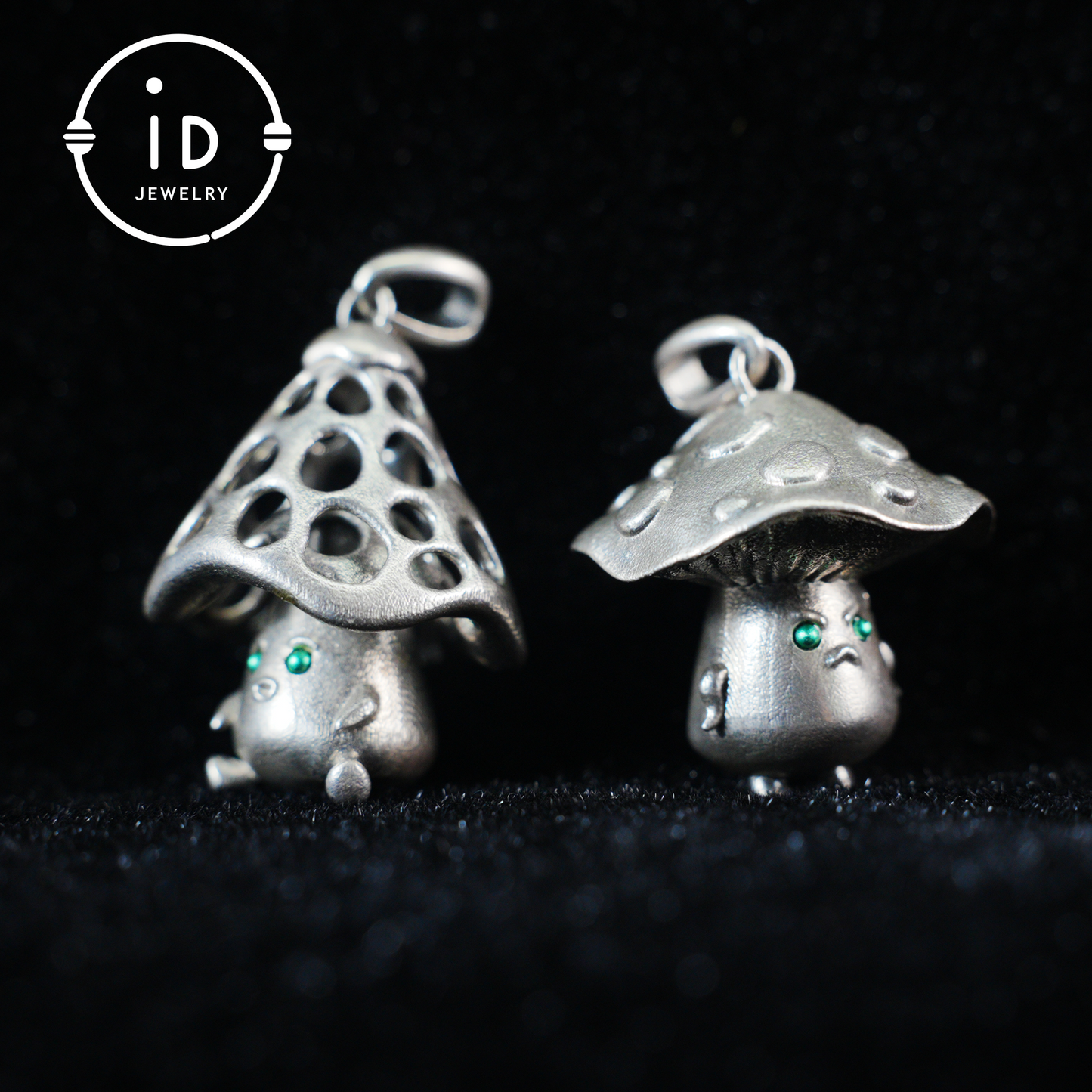 Sterling Silver Mushroom Pendant with Green Gem Eyes – Fantasy Forest Creature Necklace – Cute Emotional Support Jewelry Gift