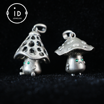 Sterling Silver Mushroom Pendant with Green Gem Eyes – Fantasy Forest Creature Necklace – Cute Emotional Support Jewelry Gift