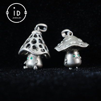Sterling Silver Mushroom Spirit Pendant – Forest Guardian Necklace with Green Zircon Eyes – Fairycore Jewelry Gift for Sensitive Souls