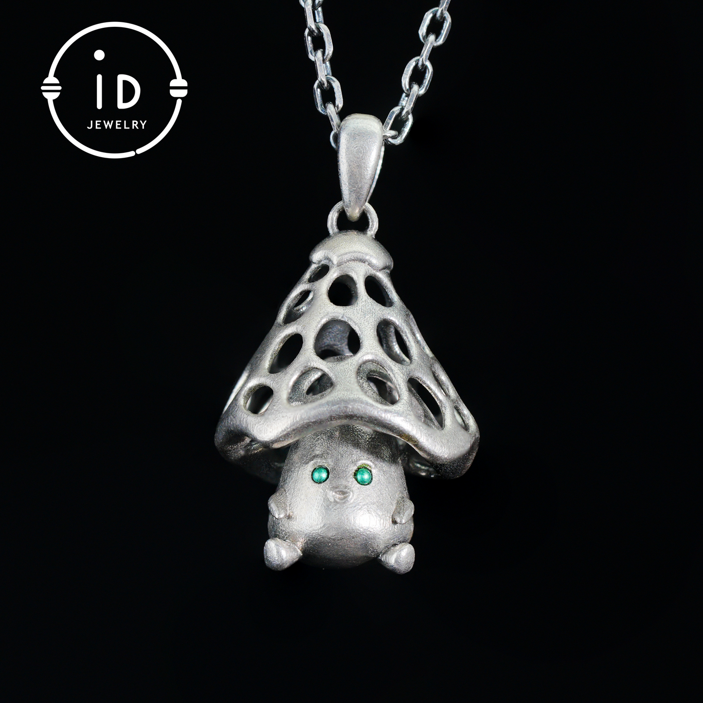 Sterling Silver Mushroom Spirit Pendant – Forest Guardian Necklace with Green Zircon Eyes – Fairycore Jewelry Gift for Sensitive Souls