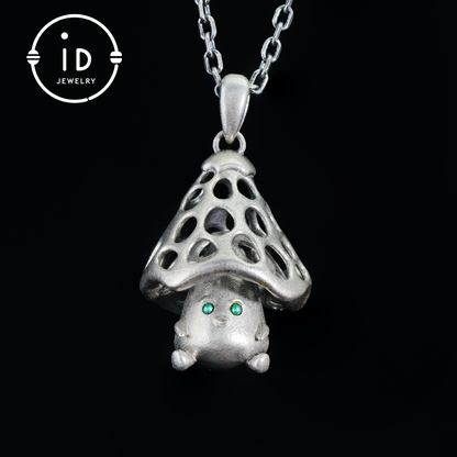 Sterling Silver Mushroom Spirit Pendant – Forest Guardian Necklace with Green Zircon Eyes – Fairycore Jewelry Gift for Sensitive Souls