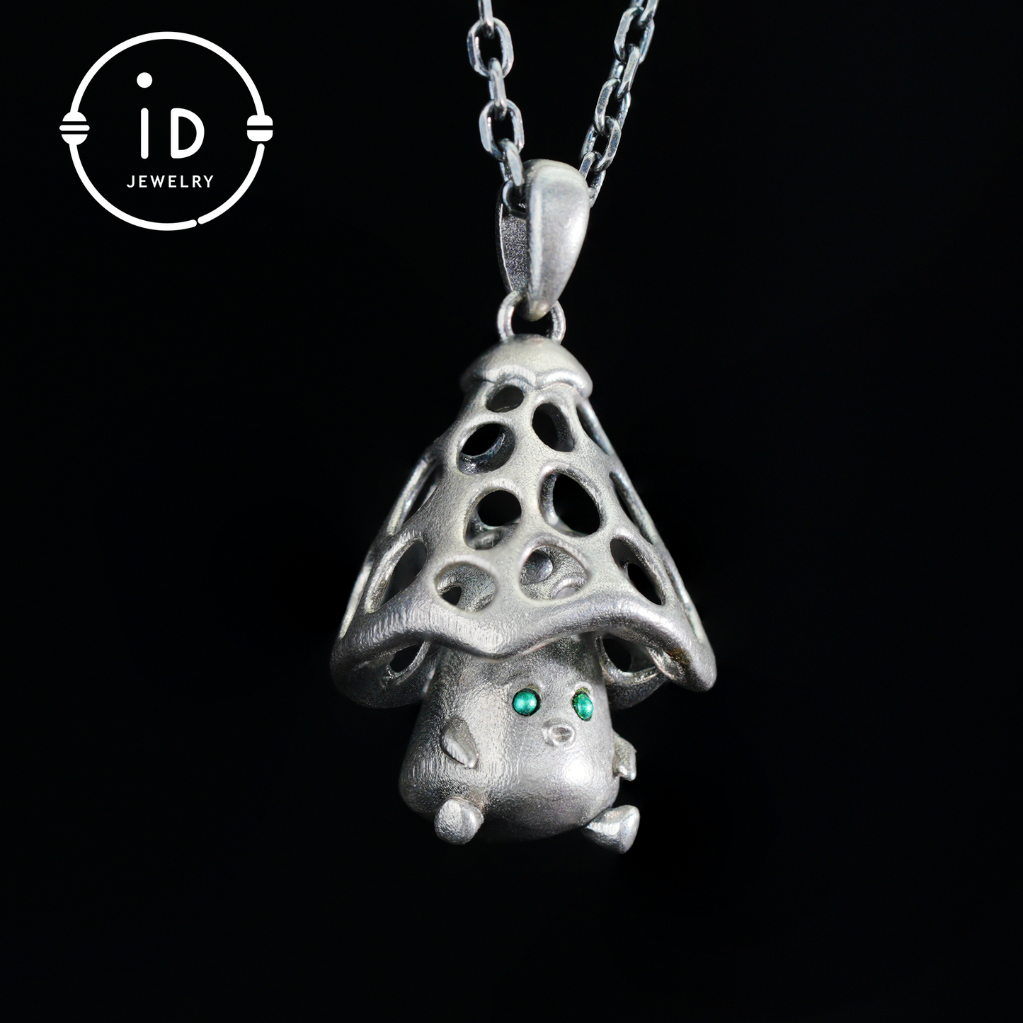 Sterling Silver Mushroom Spirit Pendant – Forest Guardian Necklace with Green Zircon Eyes – Fairycore Jewelry Gift for Sensitive Souls