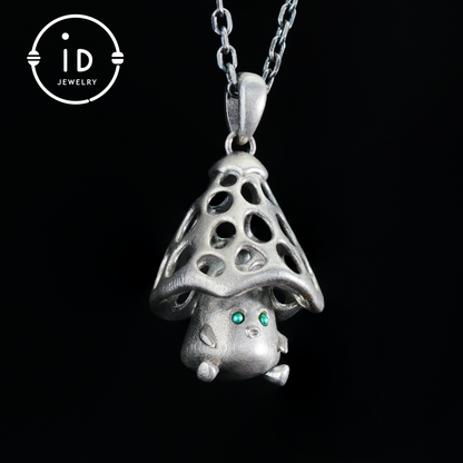 Sterling Silver Mushroom Spirit Pendant – Forest Guardian Necklace with Green Zircon Eyes – Fairycore Jewelry Gift for Sensitive Souls