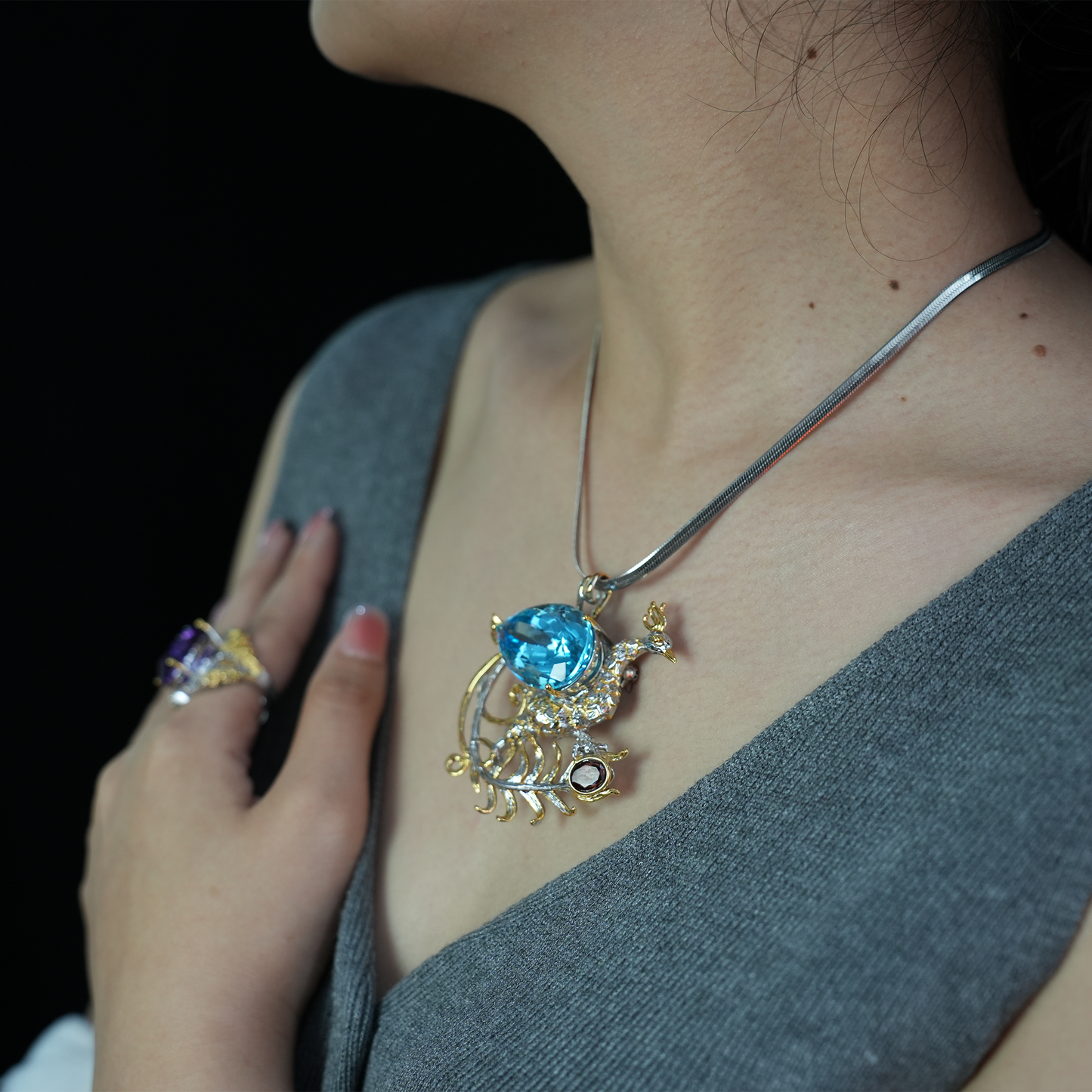 Handmade Peacock Brooch Pendant | Natural Topaz Jewelry | Luxurious Animal Design | Gold-Plated Vintage Pendant