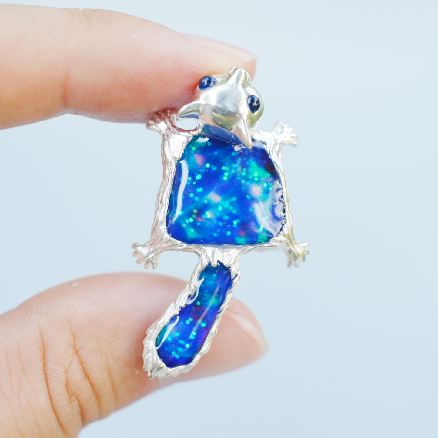 925 Silver Flying Squirrel Pendant Brooch | Enamel Totem Jewelry | Sapphire Eye Spiritual Gift for Her