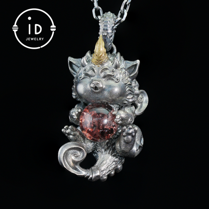 Mystical Chinese Pixiu Guardian Pendant – Sterling Silver Wish-Beast Amulet with Phantom Quartz – Spiritual Totem Jewelry