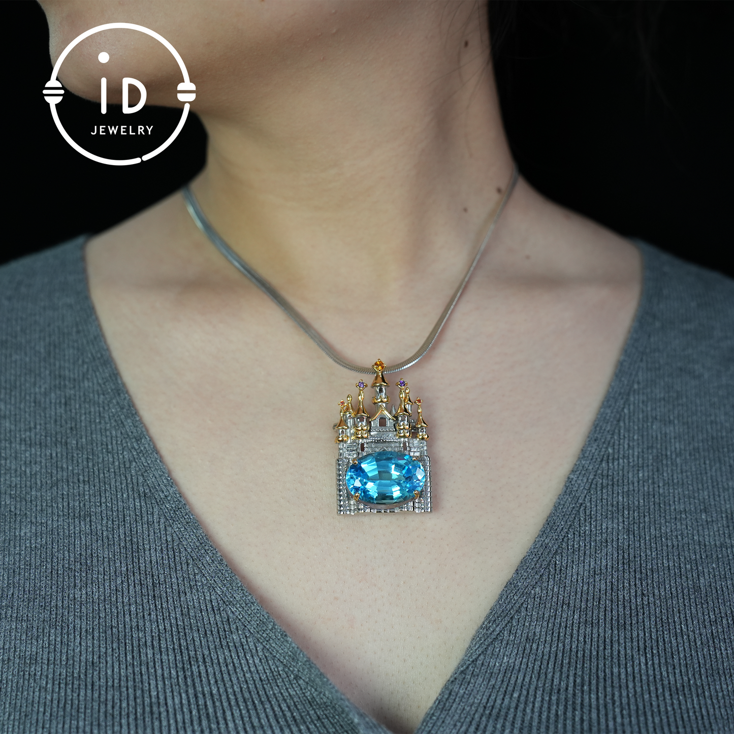 Natural topaz castle pendant | dual-purpose brooch | gold-plated | luxury jewelry | women's gift