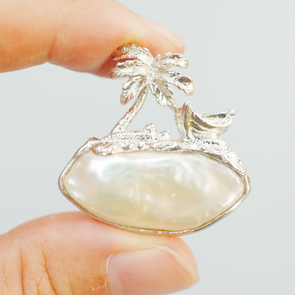 925 Silver Palm Island Pendant | Baroque Pearl Necklace | Summer Beach Gift for Her