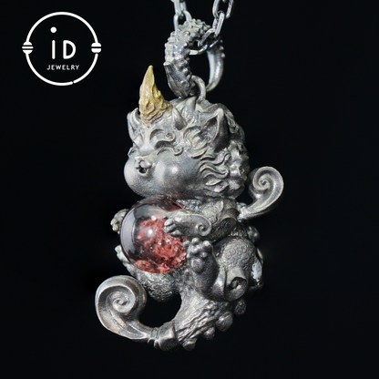 Mystical Chinese Pixiu Guardian Pendant – Sterling Silver Wish-Beast Amulet with Phantom Quartz – Spiritual Totem Jewelry