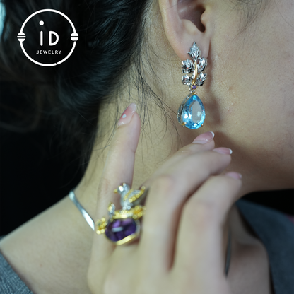 Handmade Blue Topaz Earrings | Nature-Inspired Leaf Earrings | Vintage Style | 18K Gold Plated| Elegant Jewelry| Gift for Her