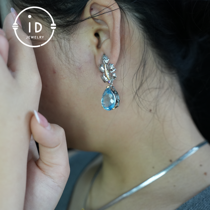 Handmade Blue Topaz Earrings | Nature-Inspired Leaf Earrings | Vintage Style | 18K Gold Plated| Elegant Jewelry| Gift for Her