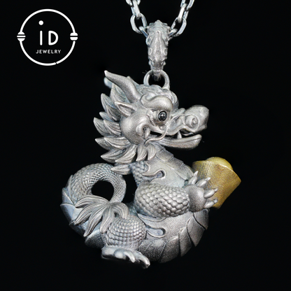 Lucky Oriental Dragon Charm Pendant in Sterling Silver and Brass – Symbol of Gentle Protection and Good Fortune – Handcrafted Feng Shui Amulet