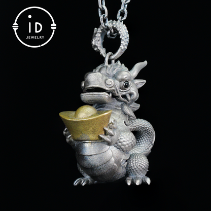 Lucky Oriental Dragon Charm Pendant in Sterling Silver and Brass – Symbol of Gentle Protection and Good Fortune – Handcrafted Feng Shui Amulet