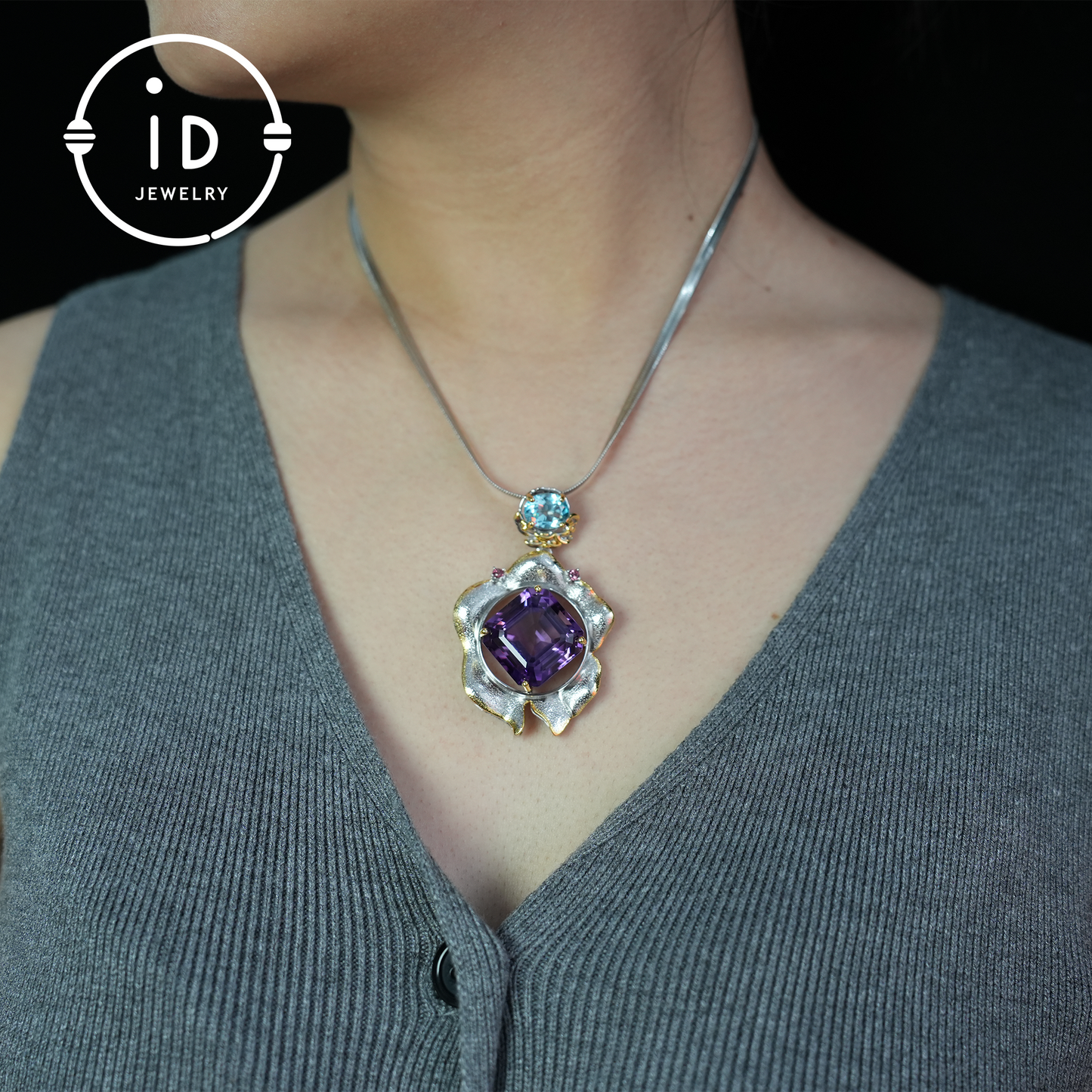 Handmade amethyst flower pendant, vintage style, large gemstone pendant, unique design