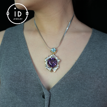 Handmade amethyst flower pendant, vintage style, large gemstone pendant, unique design
