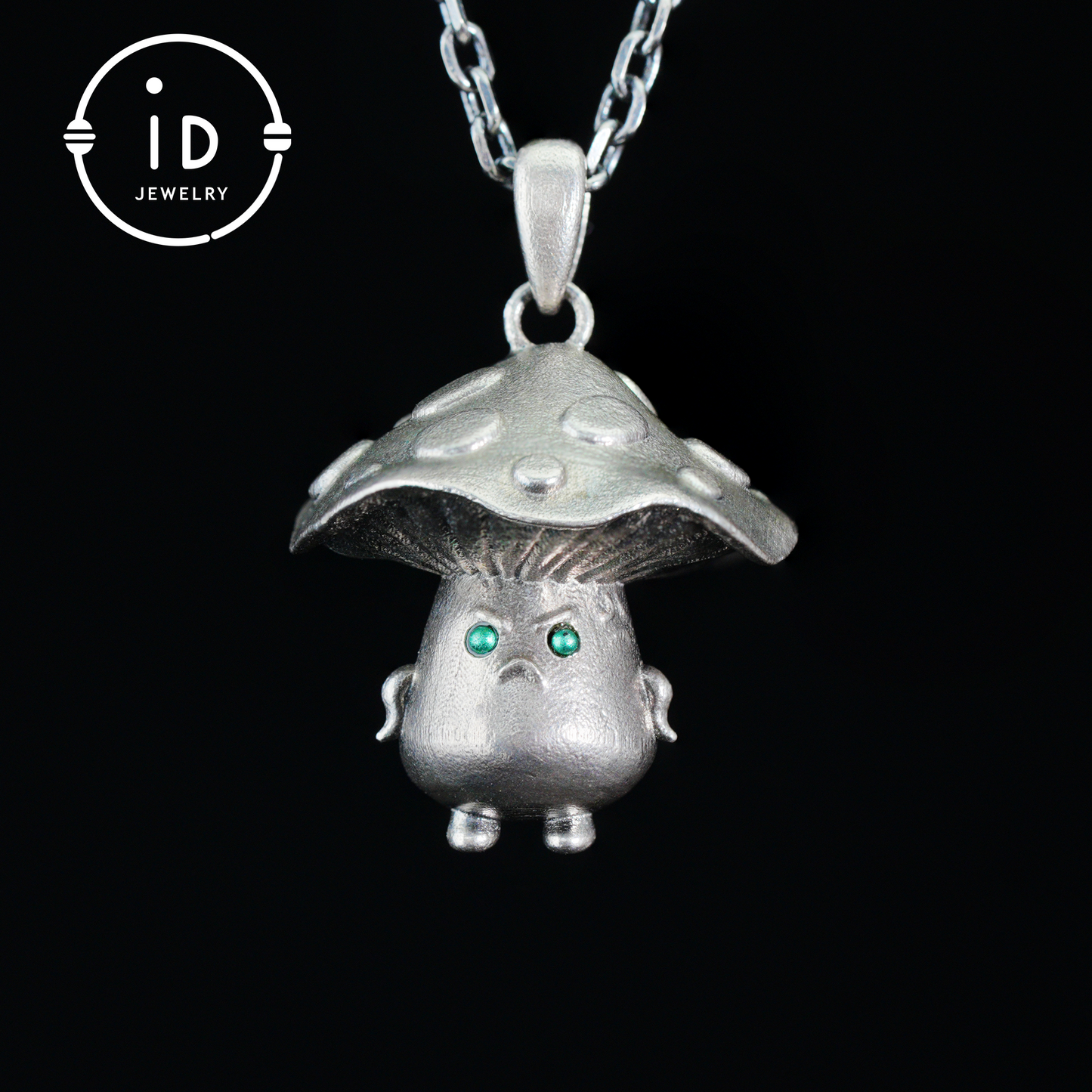 Sterling Silver Mushroom Pendant with Green Gem Eyes – Fantasy Forest Creature Necklace – Cute Emotional Support Jewelry Gift