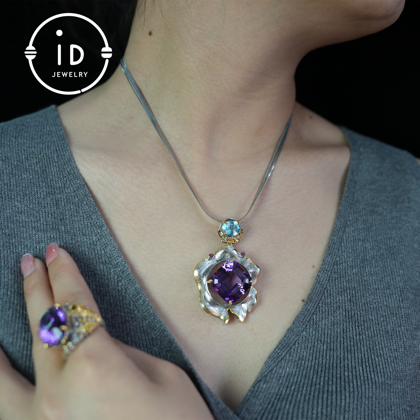 Handmade amethyst flower pendant, vintage style, large gemstone pendant, unique design