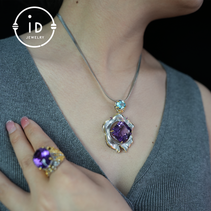 Handmade amethyst flower pendant, vintage style, large gemstone pendant, unique design