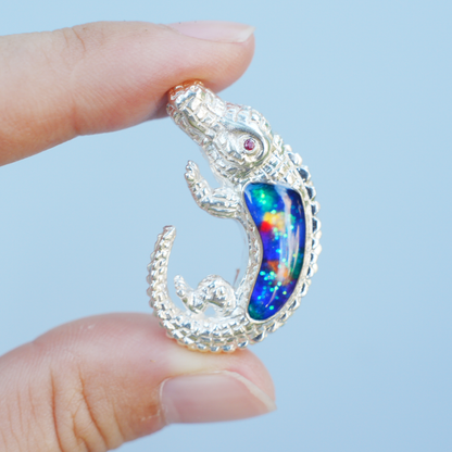 925 Silver Crocodile Pendant Brooch | Enamel Totem Jewelry | Gift for Him or Her