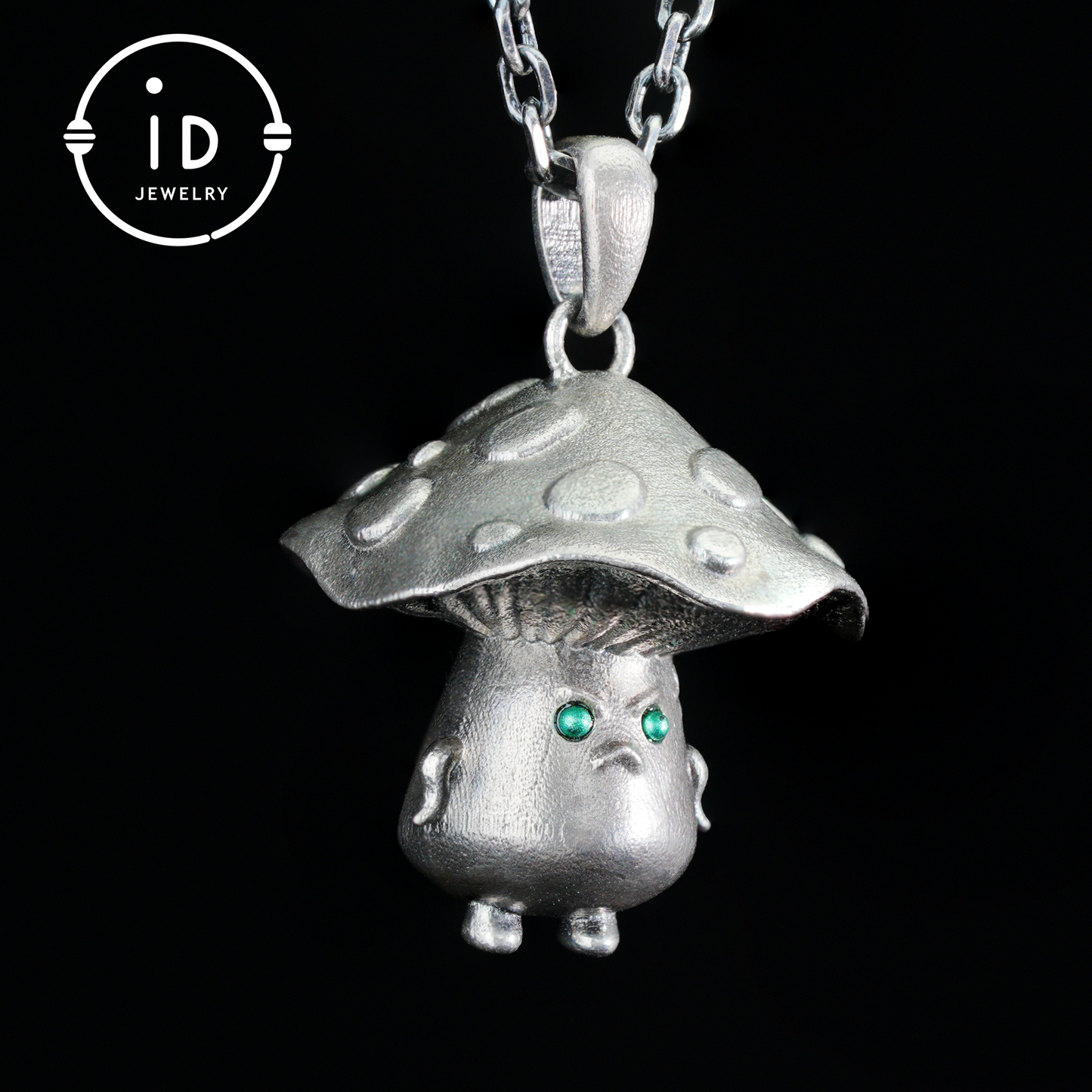 Sterling Silver Mushroom Pendant with Green Gem Eyes – Fantasy Forest Creature Necklace – Cute Emotional Support Jewelry Gift