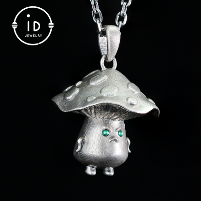 Sterling Silver Mushroom Pendant with Green Gem Eyes – Fantasy Forest Creature Necklace – Cute Emotional Support Jewelry Gift
