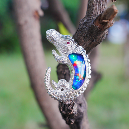 925 Silver Crocodile Pendant Brooch | Enamel Totem Jewelry | Gift for Him or Her