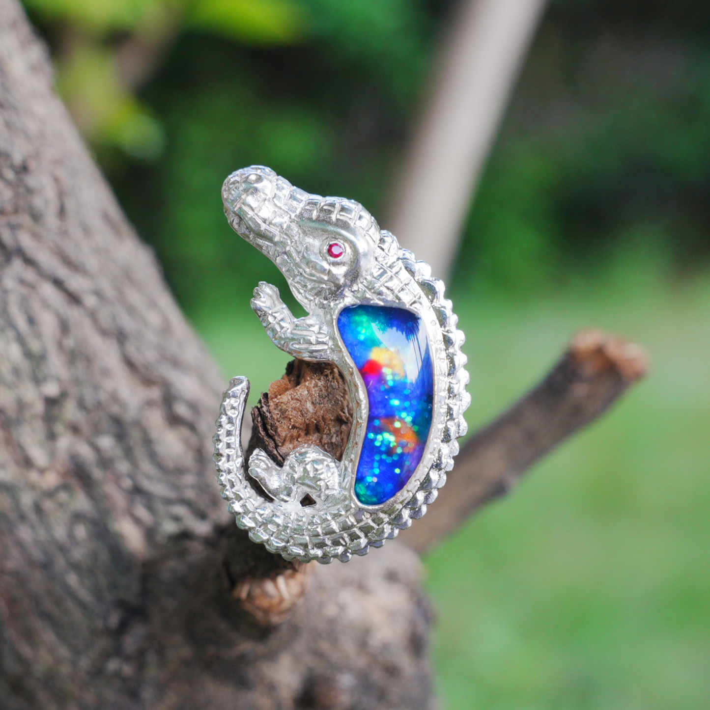 925 Silver Crocodile Pendant Brooch | Enamel Totem Jewelry | Gift for Him or Her