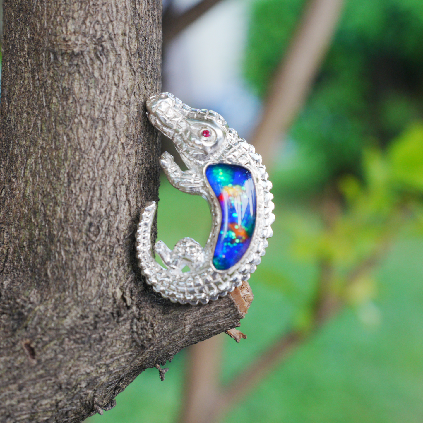 925 Silver Crocodile Pendant Brooch | Enamel Totem Jewelry | Gift for Him or Her