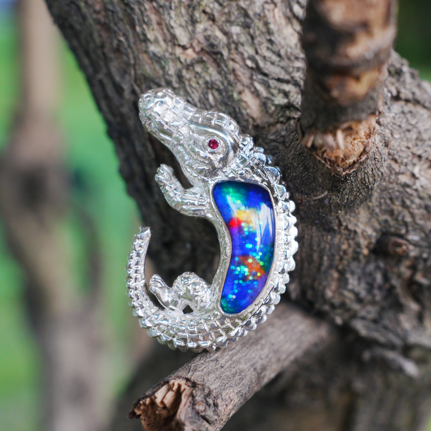 925 Silver Crocodile Pendant Brooch | Enamel Totem Jewelry | Gift for Him or Her