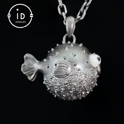 Whimsical Pufferfish Pendant in Sterling Silver – Emotional Support Charm – Cute Ocean Totem Necklace – Turquoise & Onyx Eyes – Healing Gift Idea