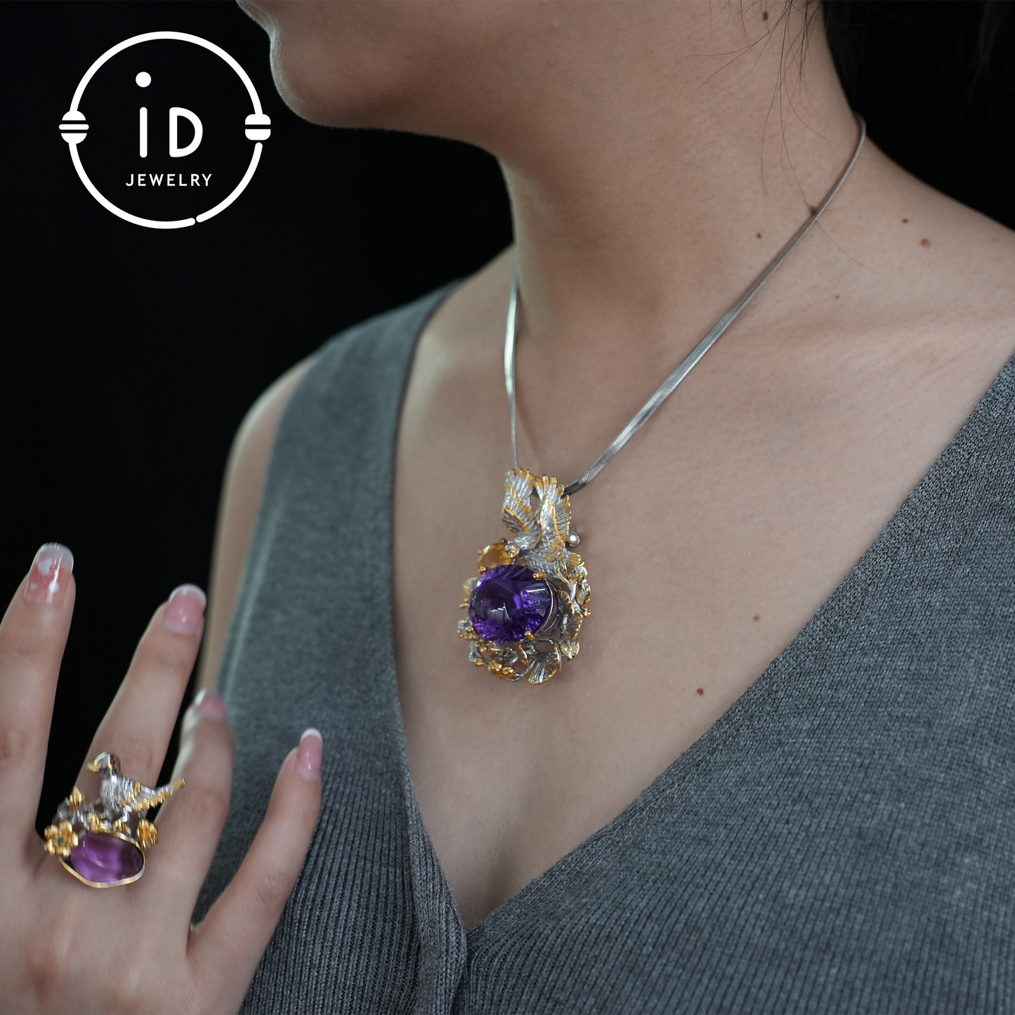 Handmade Amethyst Pendant & Brooch| Vintage Bird Design| Nature Inspired Jewelry| K Gold Plated| Gemstone Statement Piece