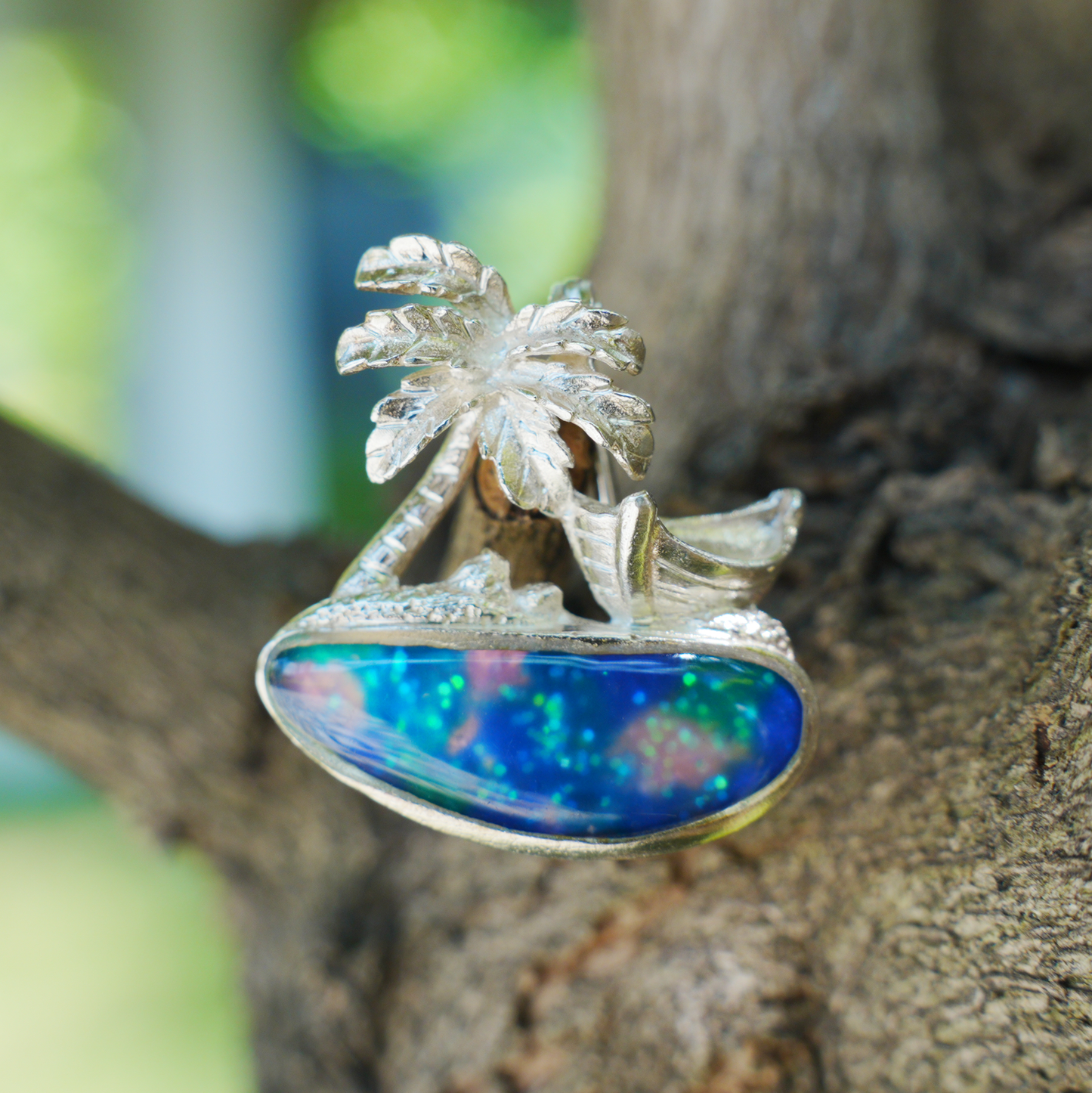 Tropical Palm Beach Pendant Brooch | 925 Silver Enamel Jewelry | Summer Gift for Her